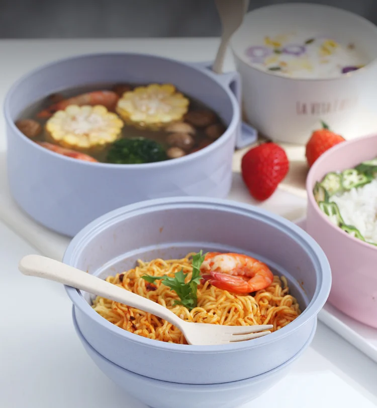 Instant Noodle Bowl, Bamboo Fiber Drained Noodle Bowl With Lid