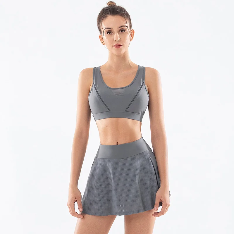 
Fast Dispatch Breathable Moisture Wicking Sports Bra Crop Top and Skirt Set for Tennis Volleyball Badminton 