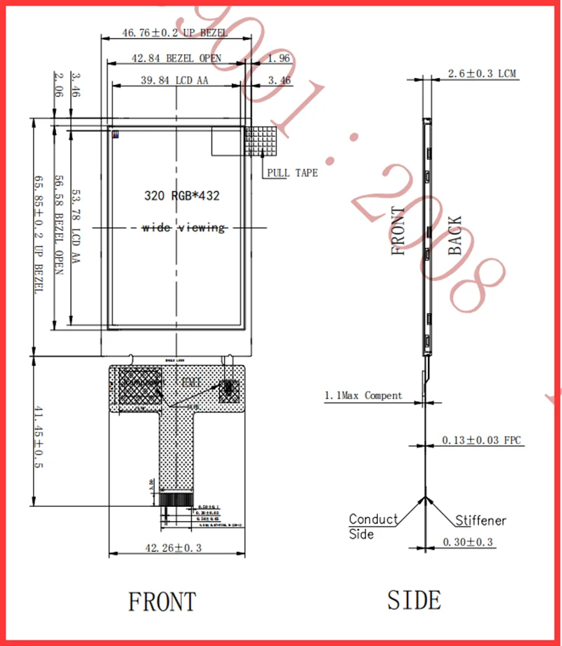 2.6 inch 320*432 ili9488 MIPI interface Transflective IPS LCD module