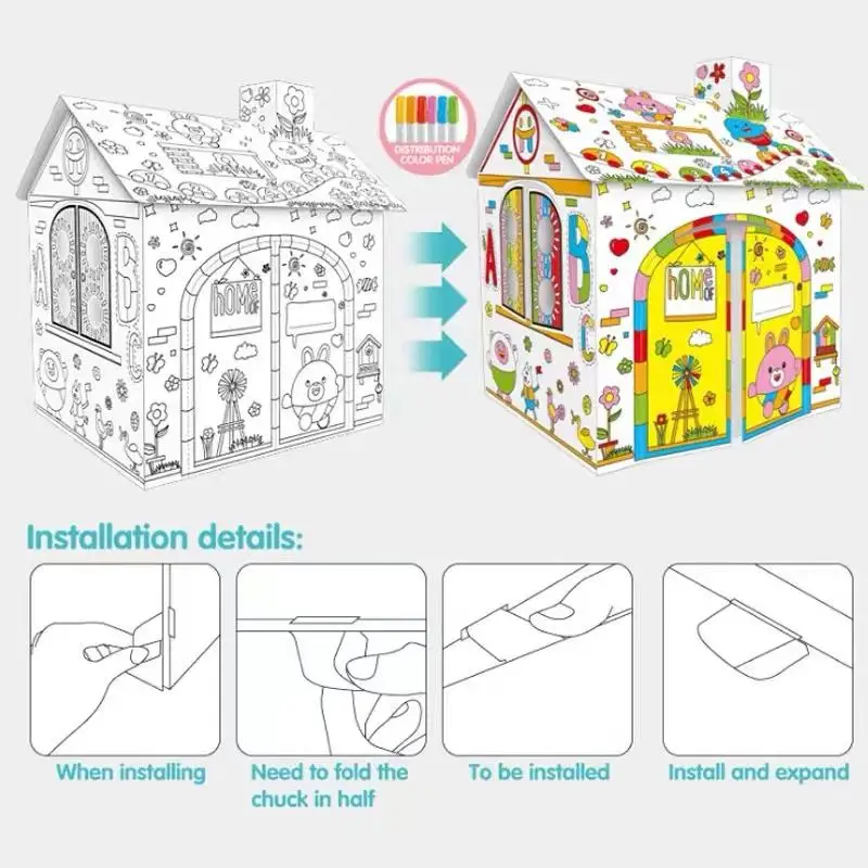 BSCI Chinese Factory Toy Creative Painting Set 3d Puzzle Coloring Of Cardboard  Diy Kids Paper Doll House For Sale