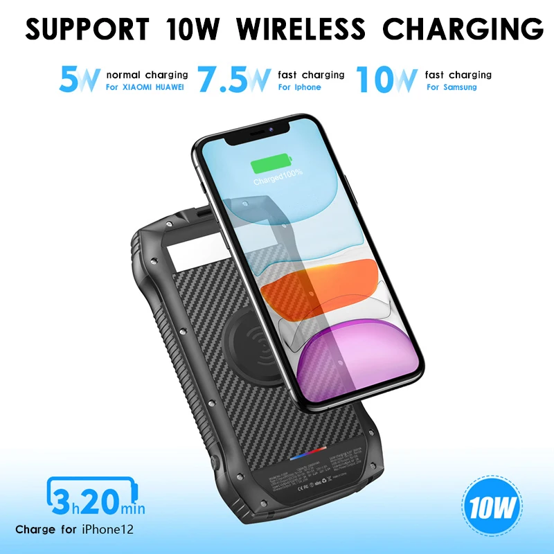 Wholesale multifunction 20000mah power bank wireless charger external battery pack IPX6 waterproof with flashlight