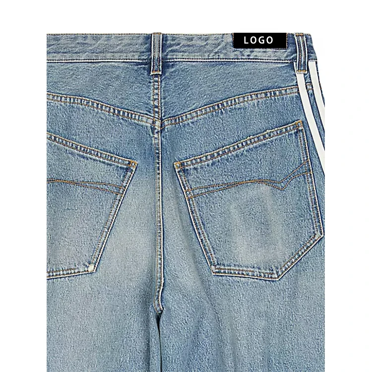 AeeDenim Custom Denim Streetwear Baggy Jeans Washed Wide Leg Jeans Pants Fashion Striped Decorative Straight Denim Jeans Men