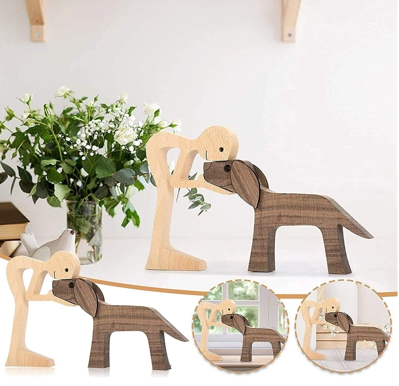 Animal Decor Wooden Statue Man and Cat Figurines Decor Carved Wood Decorative Sculpture