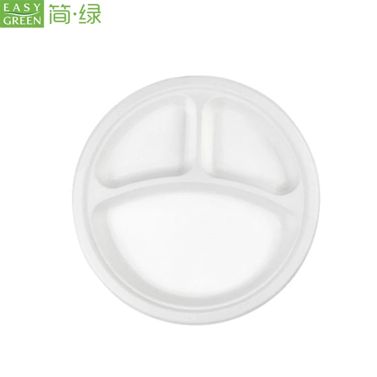 Легкий зеленый экологичный багассе целлюлоза 9 дюймов круглый 3 отсека одноразовые тарелки