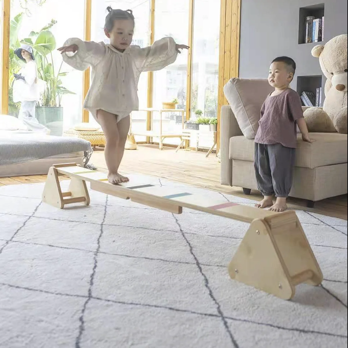 
Indoor playground set montessori baby fitness toy rocker board toddler wooden balance seesaw  (1600182433745)
