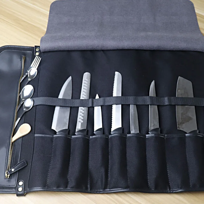 Portable Cooking Knife Roll-Double Layer Bag Leather Pouch Bag Pocket Knife Multi Tool Pouch With Adjustable Shoulder Strap