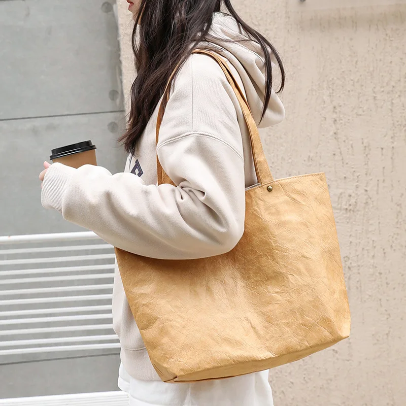 Fashion Waterproof Dupont Tyvek Paper Shopping Tote Bag Retro Shoulder Bag With Zipper Pocket