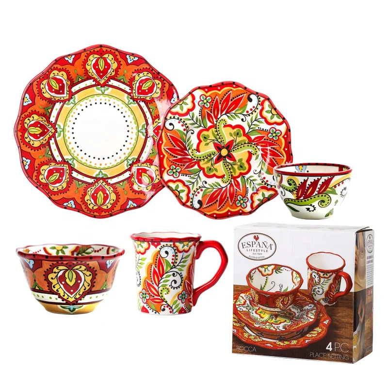 High Quality Ceramic Dinnerware Sets Bohemia Flower Pattern Hand Paint Ceramic Cup Floral Set Dinner Plates Ceramic Tableware