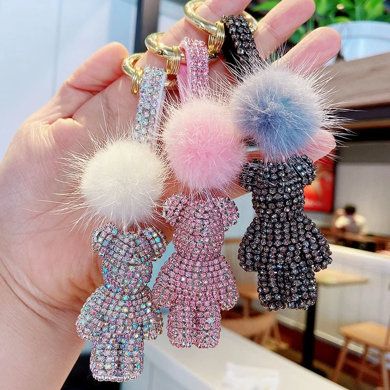 2022 New Diamond Violent Bear Keychain Bling Crystal Pompom Keyring Bling Bling Bear Keychain for Lady (KC048C)