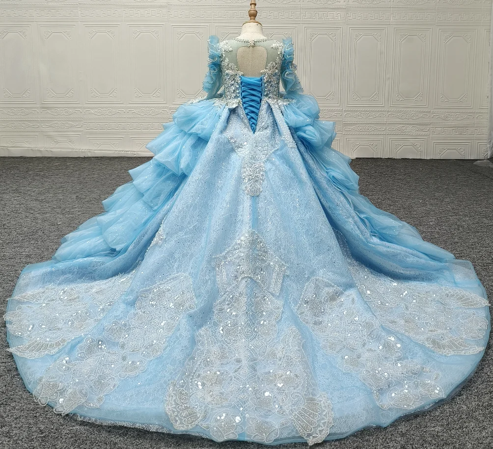 QUEENSGOWN fancy shining flower girls ruffles soft tulle heavy beaded party dress  Little Girls Birthday Gowns light blue Dress