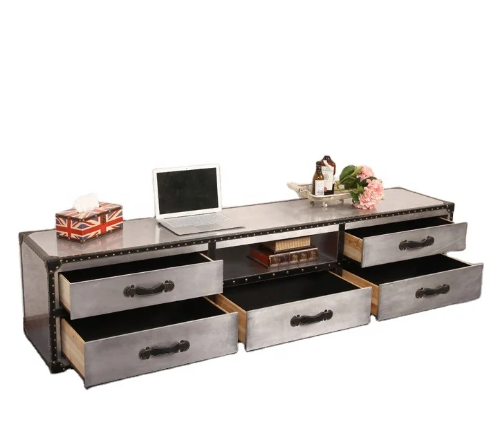 
Hotel Apartment Nordic Aluminum End Table Wooden TV Stand With Rivet 