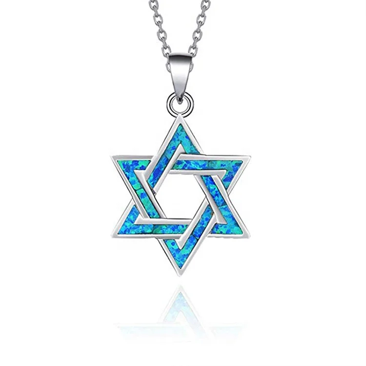 New Arrival 925 Sterling Silver Religious Jewish Star of David Chai Hebrew Israel Ocean Blue Fire Opal Pendant Necklace For Gift