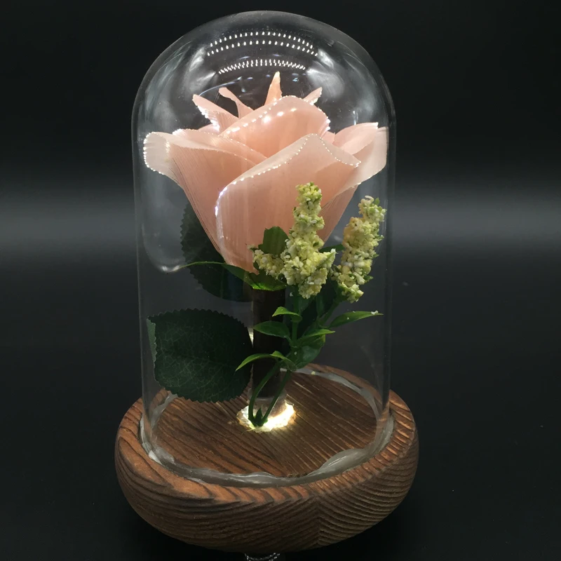 Wholesales Valentine Gift Fiber Optic Led Artificial Red Rose with Glass Dome indoor decoration