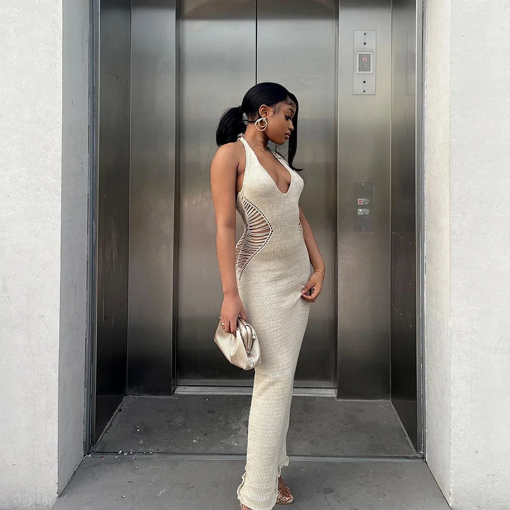 Sharee Wholesale Clothing 2023 Summer U Neck Bodycon Knitting Dresses Ladies Clothing Sleeveless Hollow Maxi Dress For Women