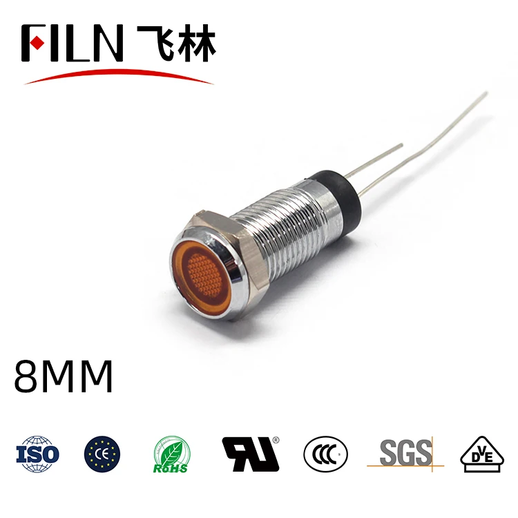 FILN IP67 8mm Flat Head Red Yellow Blue Green White  LED Metal Indicator Light 12V  110V 220V meat grinder Signal Lamp with pin
