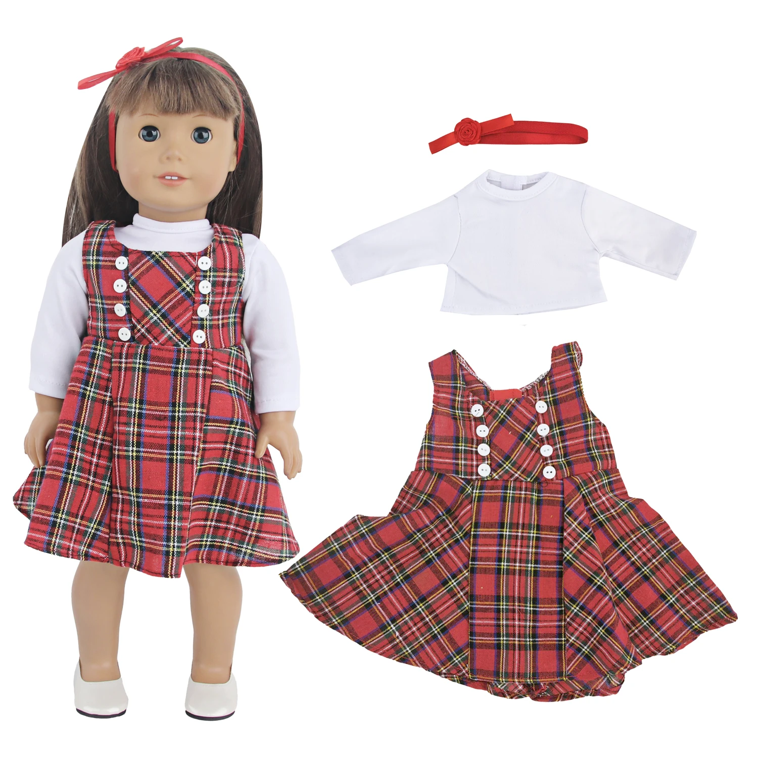 Red plaid skirt suitable for 18 inch doll clothes white shirt doll skirt school style dress