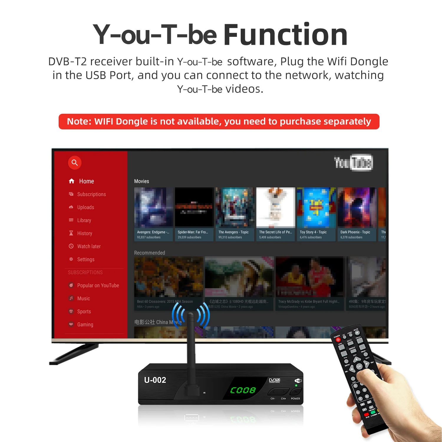 FTA free to air usb wifi decoder STB TV Receiver 1080P H264 DVBT2 tv set top box digital