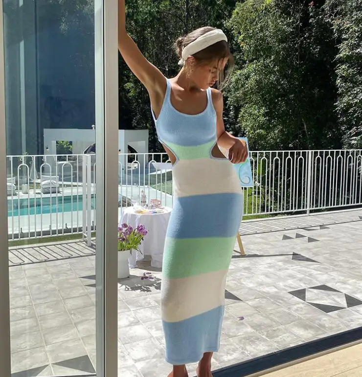 STOCK Hollow Out Backless Suspender Striped Tank Midi Dress Women Jacquard Knit Long Dresses