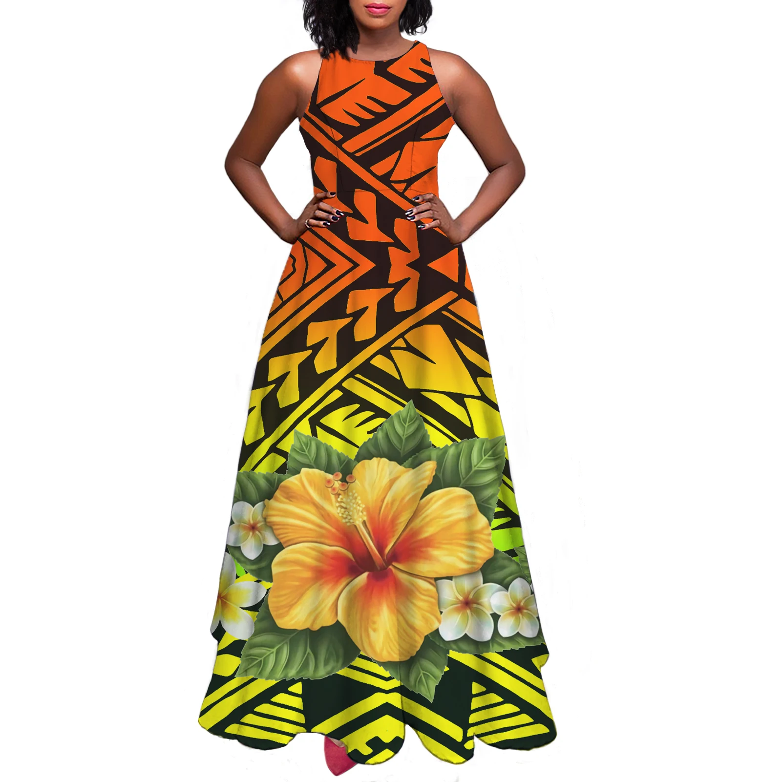 Orange and yellow tie-dye print hibiscus plumeria maxi dress custom design Polynesian sleeveless sling dresses Wholesale Price