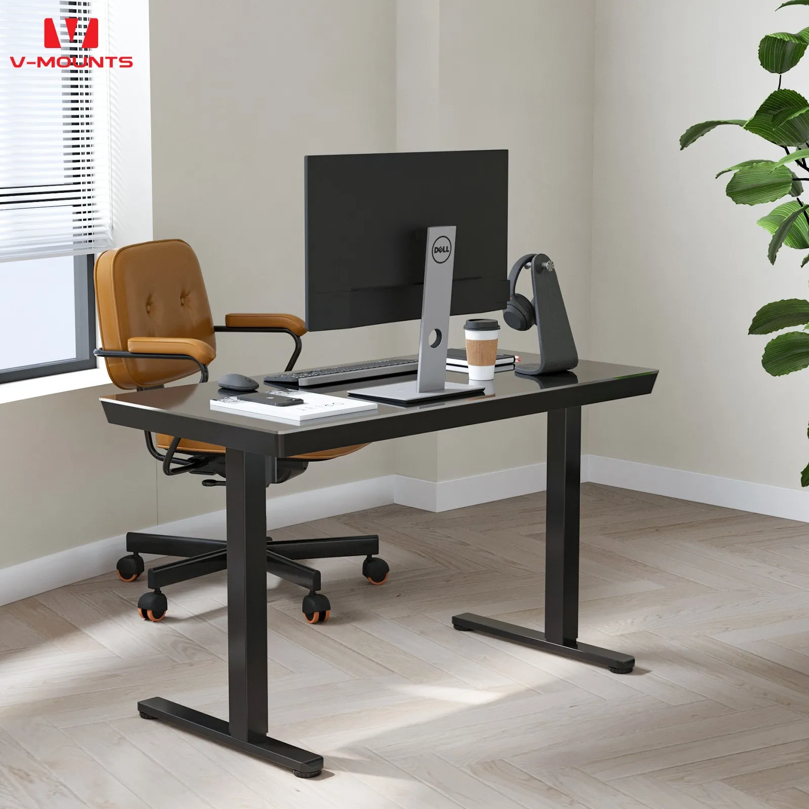 V-mounts black office executive desk with tempered glass desktop & Concealed drawer & Quick Charge Interfaces JSD5-01-G4
