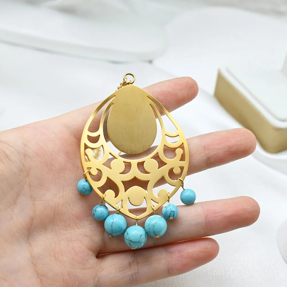 wholesale Vintage Bohemian blue Bead Pendant Ethnic Turkish Gypsy Stainless Steel Fringe Necklace For Women