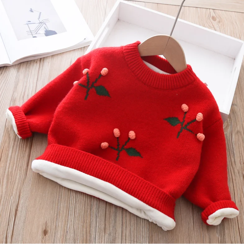 
Girls winter new style western pullover sweater round neck cherry plus velvet thick knitted bottoming shirt 