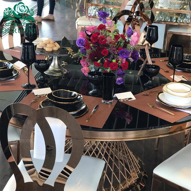 Modern stainless steel design nest base glass top gold wedding event table