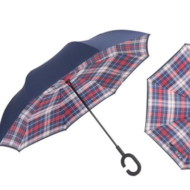 Cheap Checks Double Layer Upside Down Inverted Car Umbrella rainproof windproof C-Handle Reverse umbrella parasol for travel
