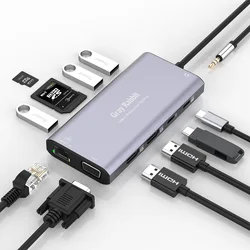 Onten Wholesale 12 in 1 USB-C Hub to Dual 4K HI Gigabit Network 2K VGA 3 USB 3.0 C Port Data PD 3.0 SD TF Audio Output OTN-UC601