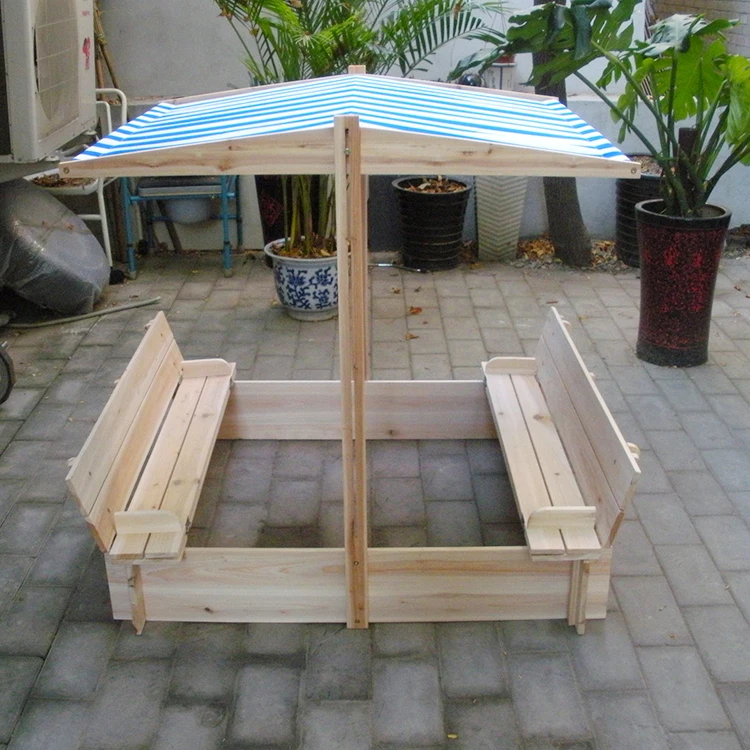 Outdoor Kids Playing Backyard Wooden Sandbox With Two Bench