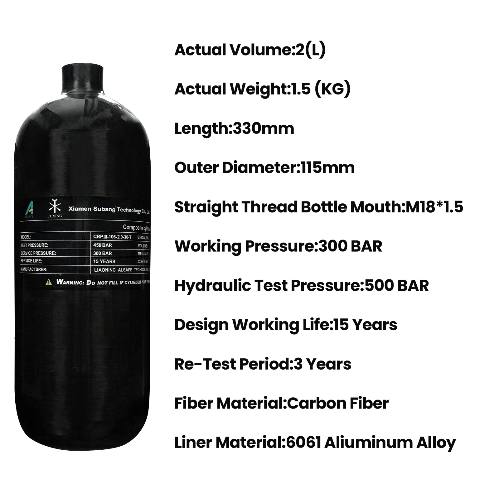 GP 2L ODM High Pressure 30mpa 300bar Gas Cylinder PCP Paintball Game M18*1.5 Straight Thread Bottle Mouth Carbon Fiber Air Tank