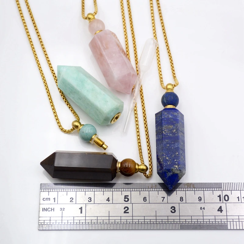 Hexagon Bullet Prism Perfume Bottle Pendant Genuine Gemstone Necklace Smoky Quartz Point Bottle Diffuser Stainless steel Jewelry