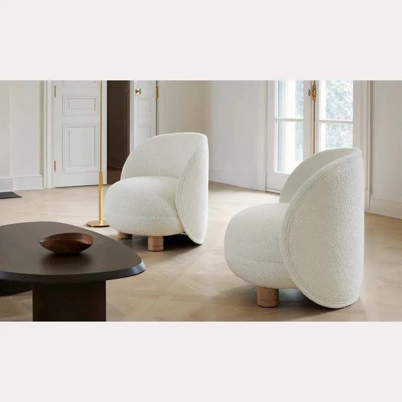 2024 Modern White Boucle Fabric Accent Barrel Chair Solid Wood Legs Sherpa Lounge Armchair