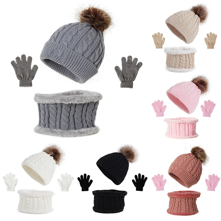 Baby Kids Girls Boys Winter Warm Knit Hat Ear Solid Warm Cute 3pcs scarf Beanie Hats