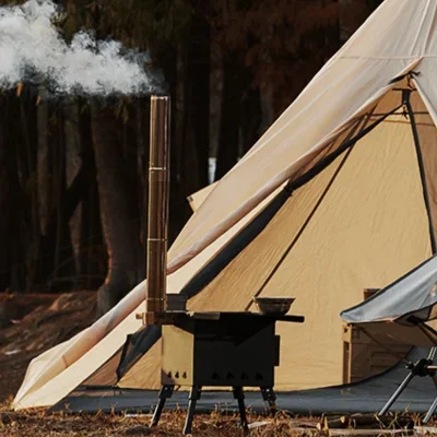Wholesale Folding Portable Camping Wood Burning Stove Fireproof cooking Tent Stove With Chimney Tube and bag windshield