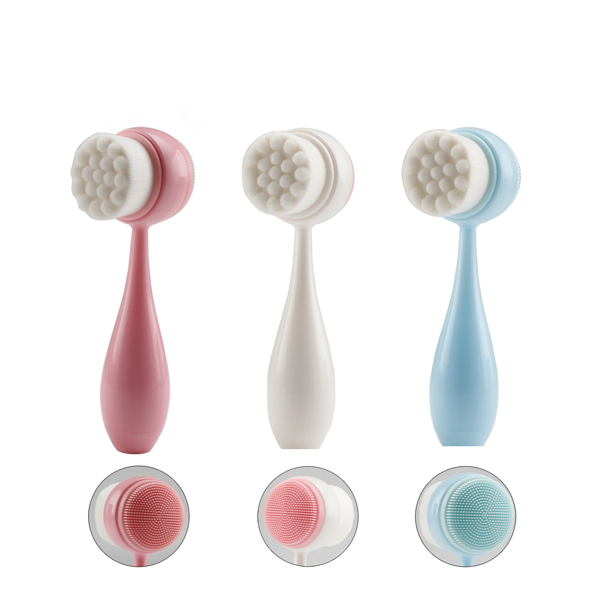 Custom double heads standing face cleaning brush with silicone massage head facial cleaning brush