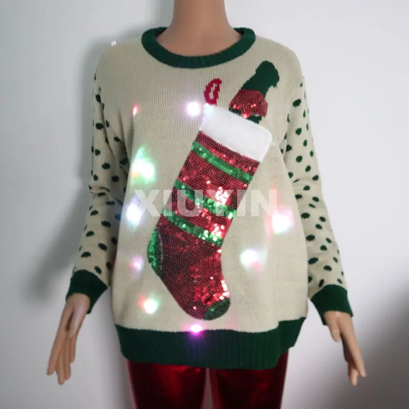 Led lights Ugly Christmas knit sweater  sequin embroidery Jacquard and winter   pullover with decorations of pompom , fur