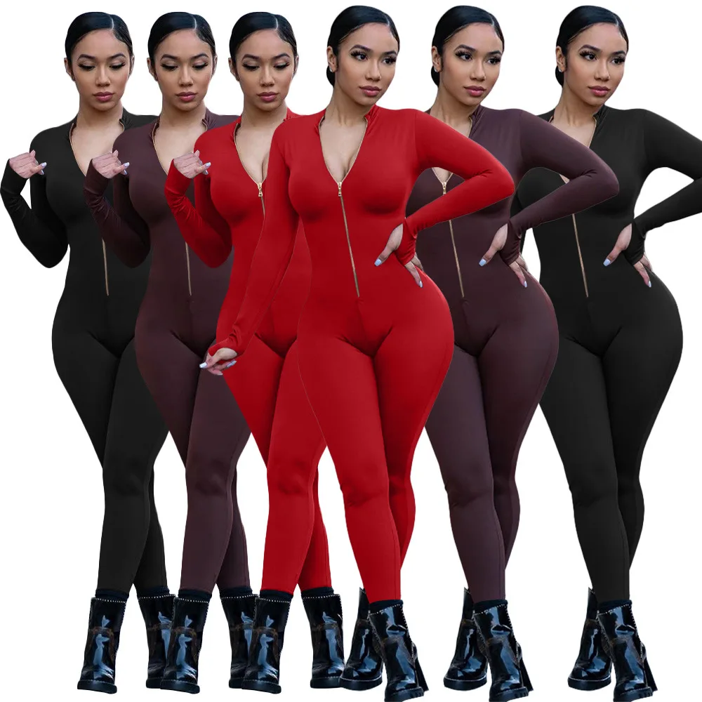 Casual Sexy Stretch Zipper Solid Bodycon Fall Jumpsuits For Sports Yoga Cloth Long Sleeve Jumpsuit Women