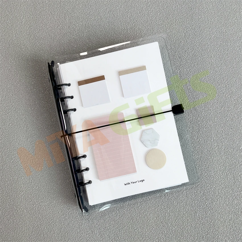 Custom A4 A5 A6 A7 clear binder transparent vinyl plastic planner cover 6 black ring notebook with elastic string closure