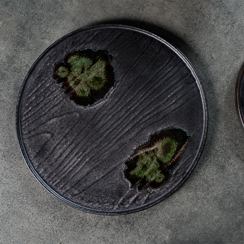 Yayu Rustic Cheap Ceramic Dinner Plates Natural green Stone round Hotel Porcelain Black shallow dished Crockery Restaurant