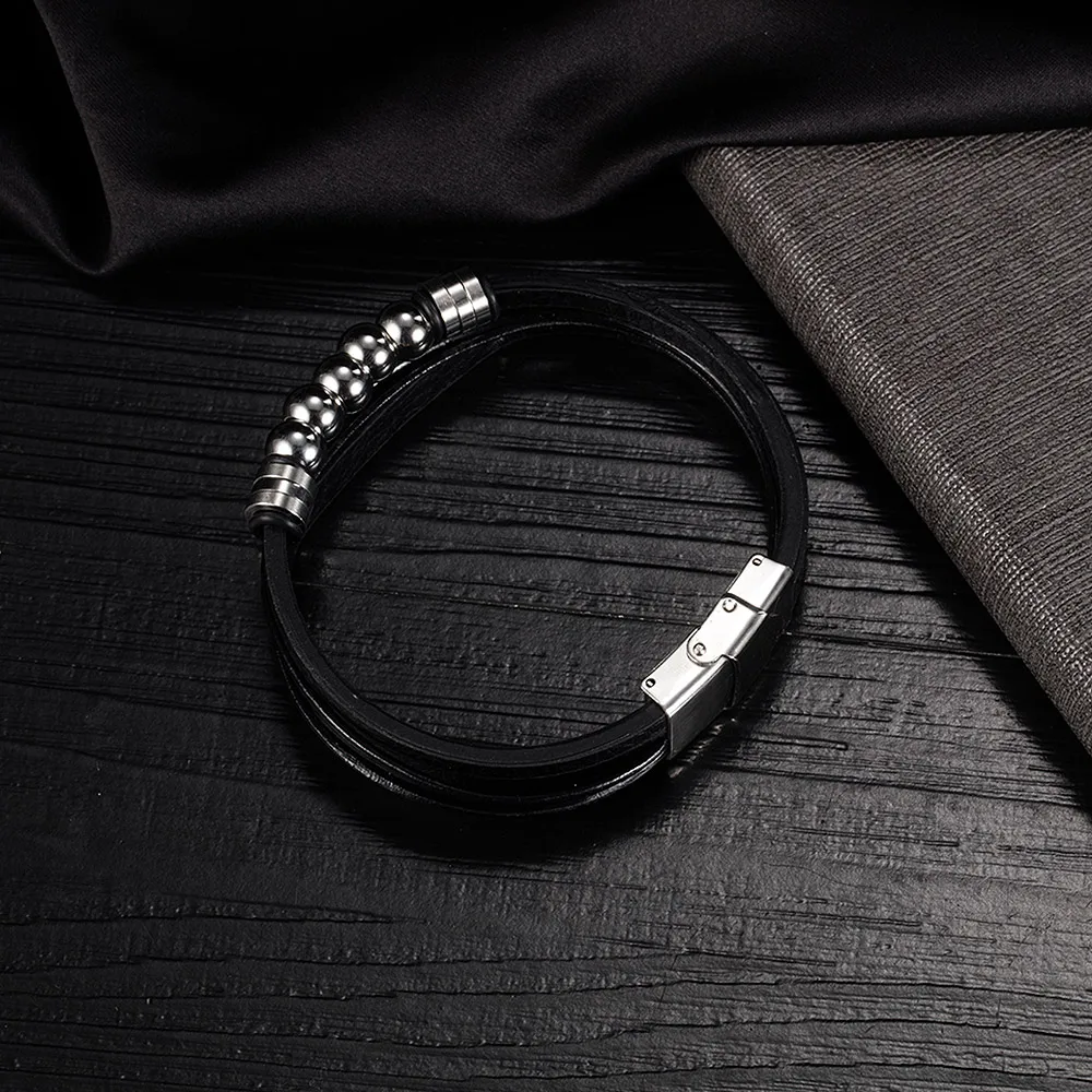 Adjustable Stainless Steel High Quality Mens Genuine Trending Boho Leather magnetic Bracelet