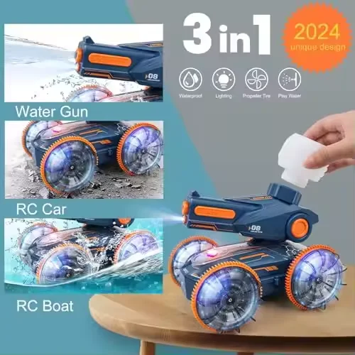 2024 Innovative Trends 2.4ghz 4wd Dual Control 3in1amphibious Remote Control Car Tank Toy Water Squirt Rc Stunt Car With Lights