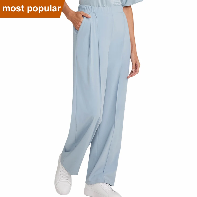YUHONG Supplies Baby Blue Color Polyester Spandex Nursing Wear Ribbed Waist Straight Leg Pants Medical Scrubs Uniforms