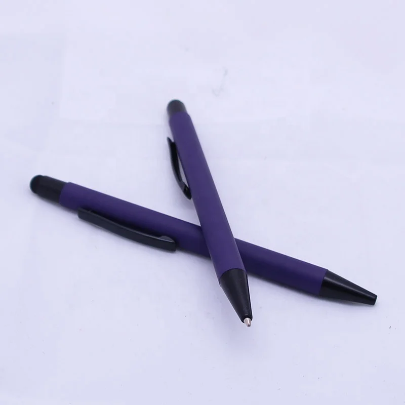 Advertising capacitive creative gift stylus tip pen metal soft rubberized grip purple ballpoint pen student school