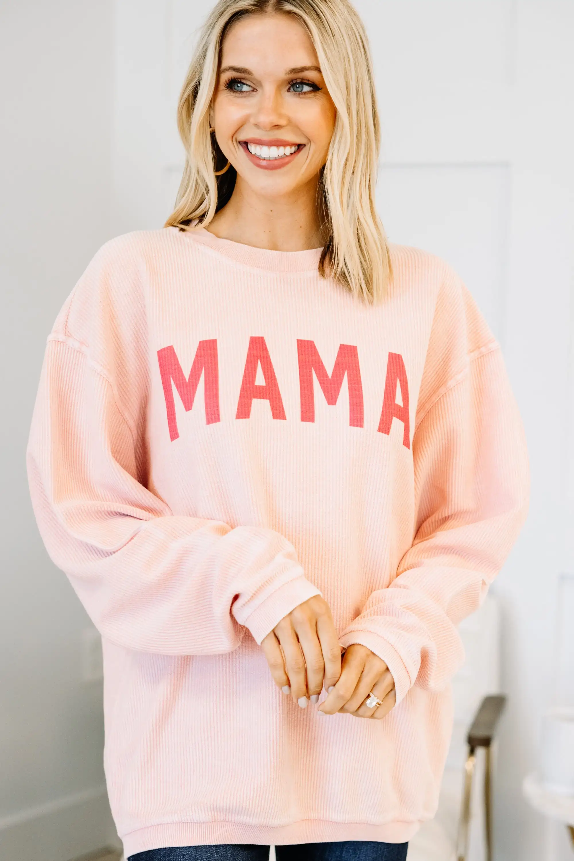 Custom Embroidery Women Mama Corduroy Cord Crew Neck Crewneck Casual Pullover Sweatshirt