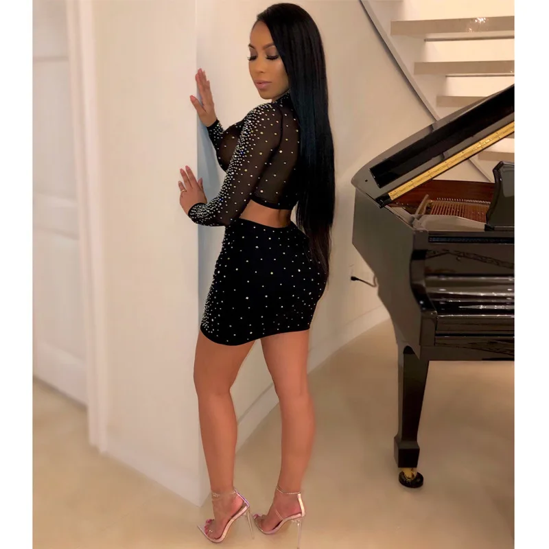 Popular standing collar long sleeve perspective mesh hot drill irregular Skirt Set