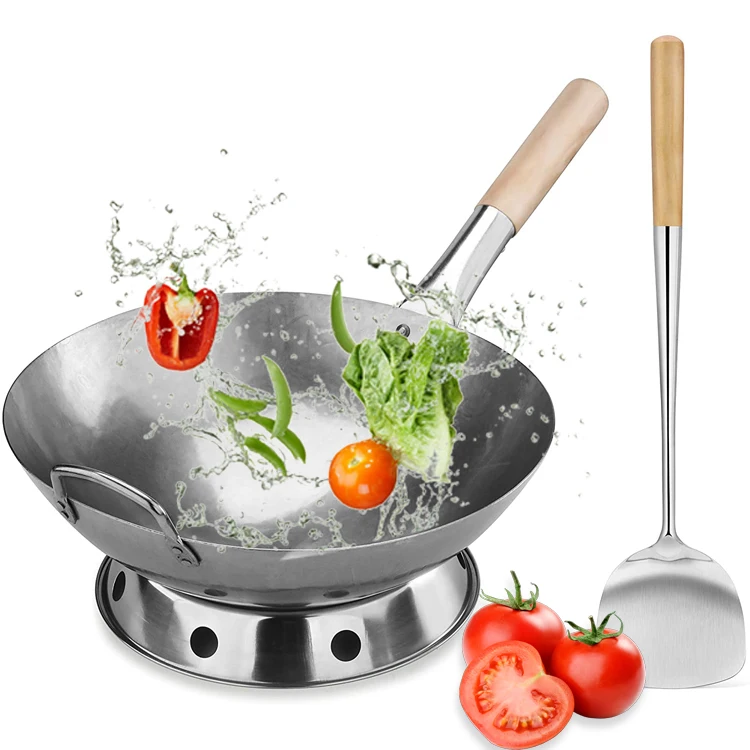 Chinese Hand Hammered Wok Wooden Handle No Coating Round Bottom Wok Pan Cover Metal Stove Pcs