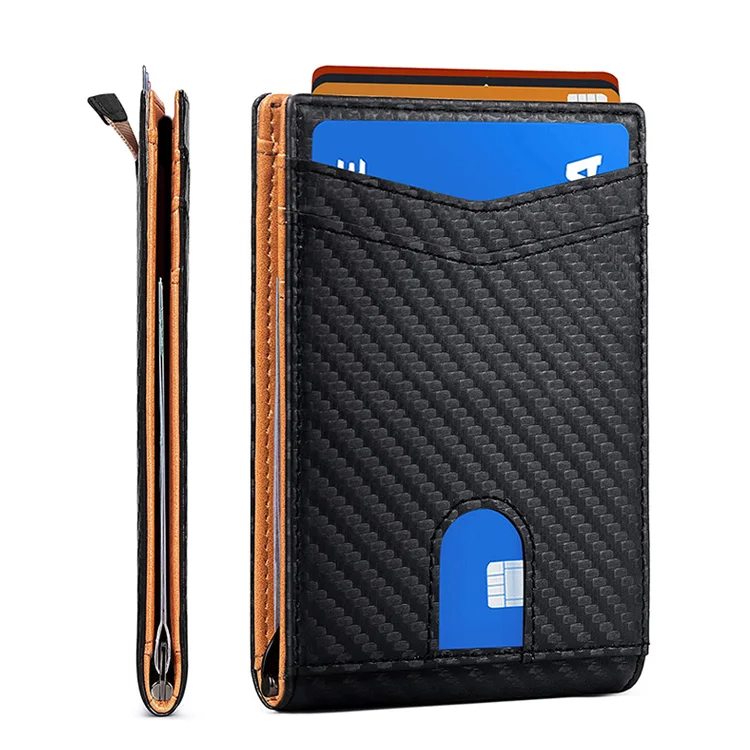 
Wholesale slim bifold genuine leather business card holder front pocket rfid mens carbon fiber wallet with money clip 