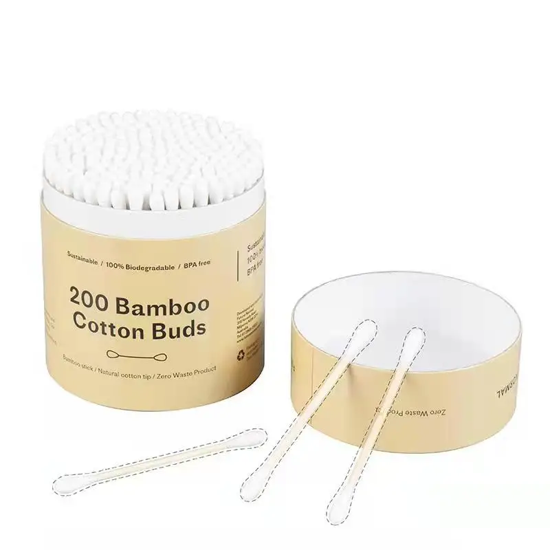 Eco Friendly Custom Logo Q Tips Round Box Paper Barrel Cotton Swabs 200Pcs Bamboo Stick Cotton Buds