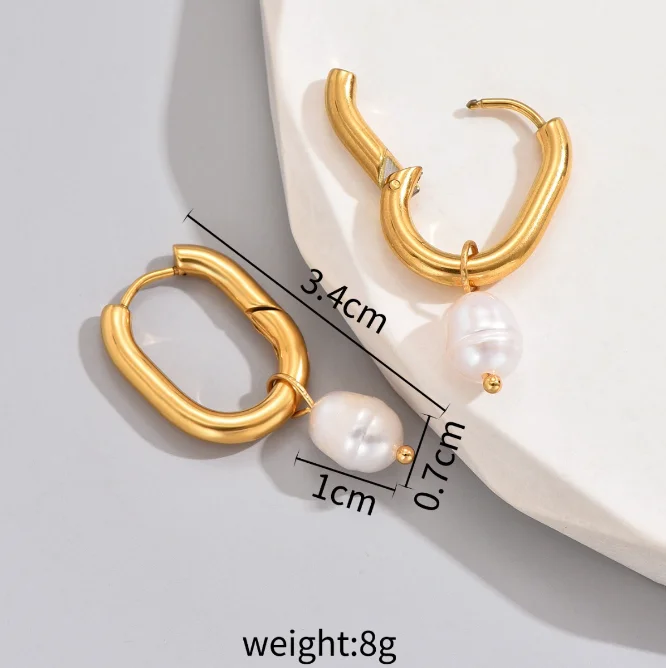 Fashion Boho Freshwater Pearl Drop Earrings Wedding Jewelry Stainless Steel 18K Gold White Pearl Hoop Earring